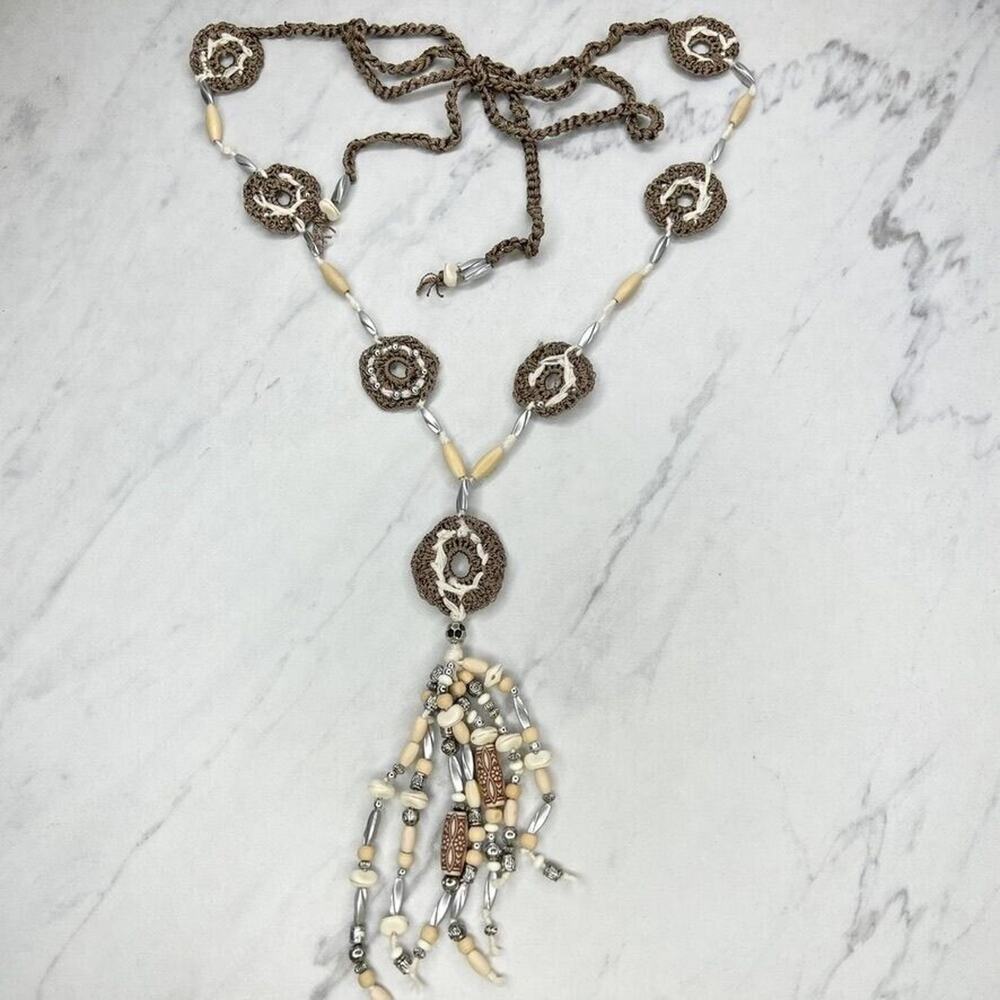 Braided Woven Beaded Tassel Y Drop Tie Necklace